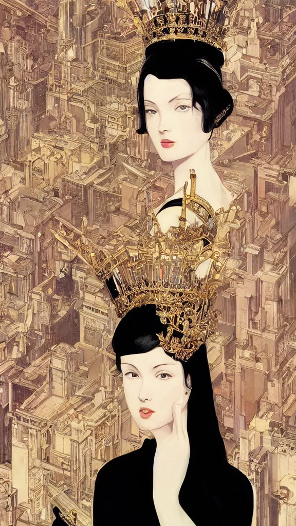 Image similar to a beautiful black haired woman with pale skin and a crown on her head sitted on an intricate metal throne new york circa 1 9 8 4 edward hopper and james gilleard, surreal, open ceiling, highly detailed, airbrush, ilya kuvshinov, wlop, stanley artgerm, very coherent, art by takato yamamoto and james jean