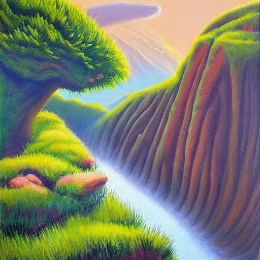 Image similar to painting of a lush natural scene on an alien planet by april gornik. beautiful landscape. weird vegetation. cliffs and water.