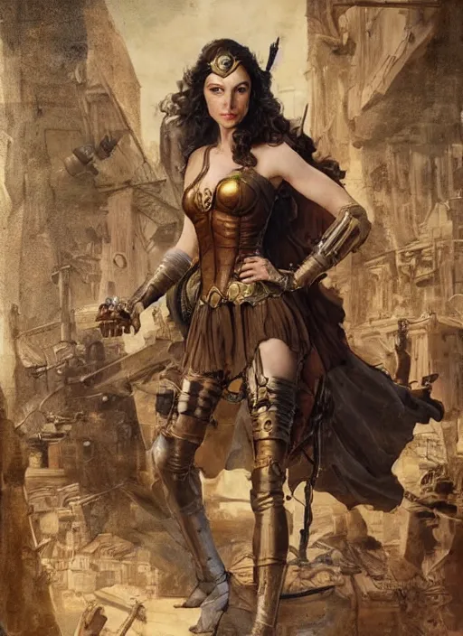 Prompt: highly detailed steampunk gal gadot standing on a mechanism : leonardo da vinci, greg rutkowski, magali villeneuve