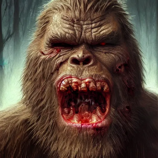 Image similar to by Derek Riggs, angry, glossy, hyperrealistic digital portrait of A zombie bigfoot, D&D, fantasy, intricate, cinematic lighting, highly detailed, digital painting, artstation, concept art, smooth, sharp focus, 8k, illustration, art by Artgerm and Greg Rutkowski