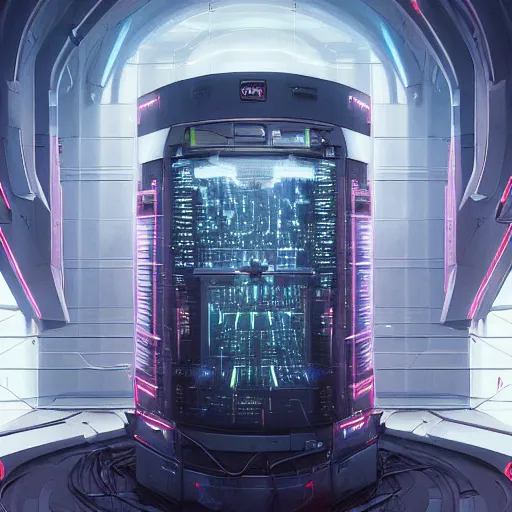 Prompt: professional painting of monumental conscious supercomputer with huge cybernetic face in endless server room, trending on artstation, cyberpunk, sci - fi, futuristic, by greg rutkowski and maciej kuciara, high quality