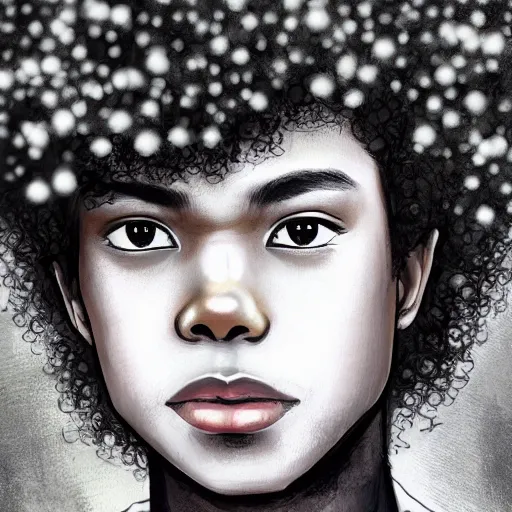 Image similar to beautiful 16 year old black boy dressed in spring wear, portrait, kpop idol, model, short curly hair like Michael Jackson, beautiful face like Zendaya, rule of thirds, trending on pixiv, trending on deviantart, 8k character concept, symmetrical facial features, by Charlie Bowater, dramatic lighting, forest background, raining, proportionate, trending on artstation