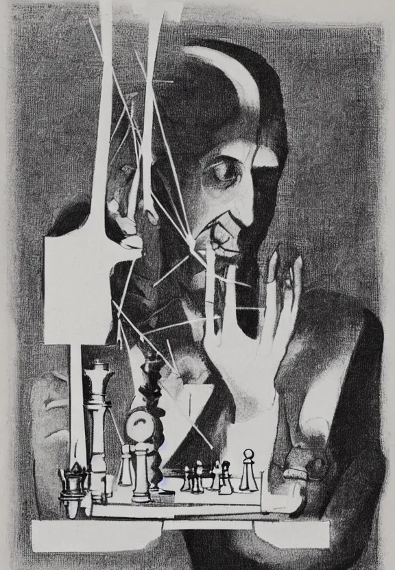 Image similar to a concept drawing of marcel duchamp holding up a chess - piece wire - machine, a surrealist painting by marcel duchamp, complex artificial - intelligence machinery, minimal sketch flow - chart, academic art, 1 9 2 0 s