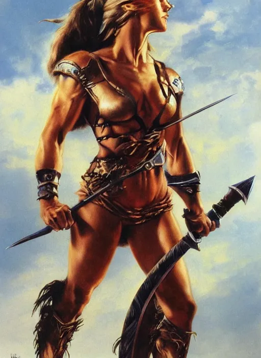 Image similar to a stunning medium shot portrait of julianne hough as a barbarian warrior, digital art by frank frazetta and boris vallejo and julie bell and moebius, highly detailed, trending on artstation, hq