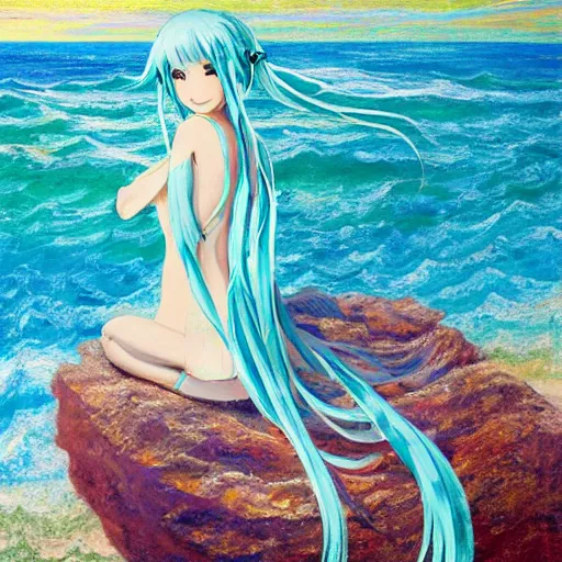 Prompt: Beautiful abstract impressionist painting of Hatsune Miku on a cliff looking calmly at the sea, hatsune miku official artwork, danbooru, oil painting by William Blake, wide strokes, pastel colors, soft lighting sold at an auction