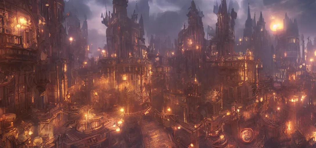 Prompt: a fantasy steampunk video game city, deep clour\'s, realistic, hyperrealistic, concept art, stylized, unreal engine 5, octane render, cinema4d, high quality render