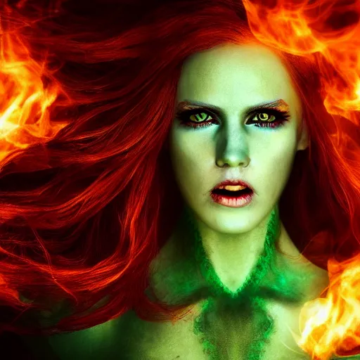 Prompt: 4k UHD photorealistic render beautiful sorceress with pale green eyes and fiery red hair summoning a demonic nightmare