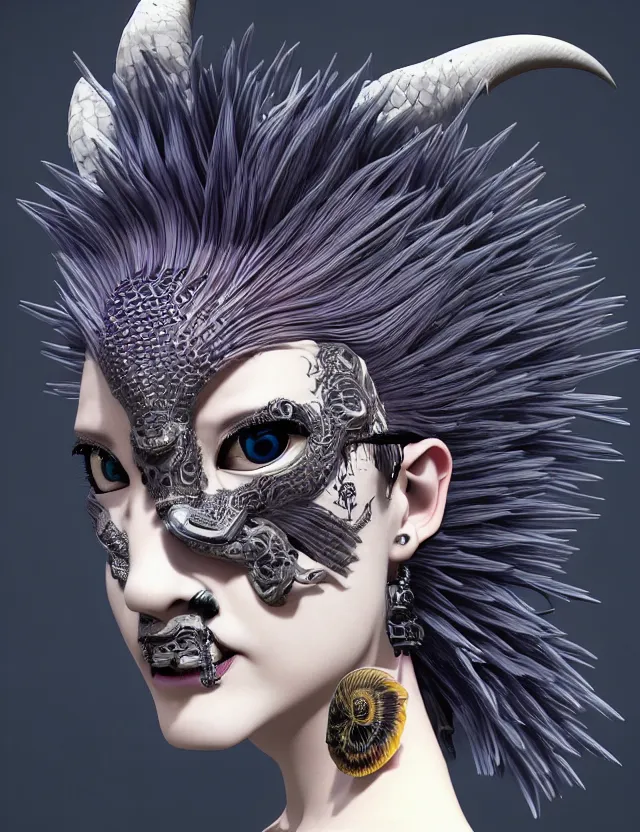 Image similar to 3 d goddess close - up profile portrait punk with mohawk with ram skull. beautiful intricately detailed japanese crow kitsune mask and clasical japanese kimono. betta fish, jellyfish phoenix, bio luminescent, plasma, ice, water, wind, creature, artwork by tooth wu and wlop and beeple and greg rutkowski