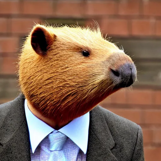 Image similar to capybara head, a man wearing a suit capybara head (smoking cigar)