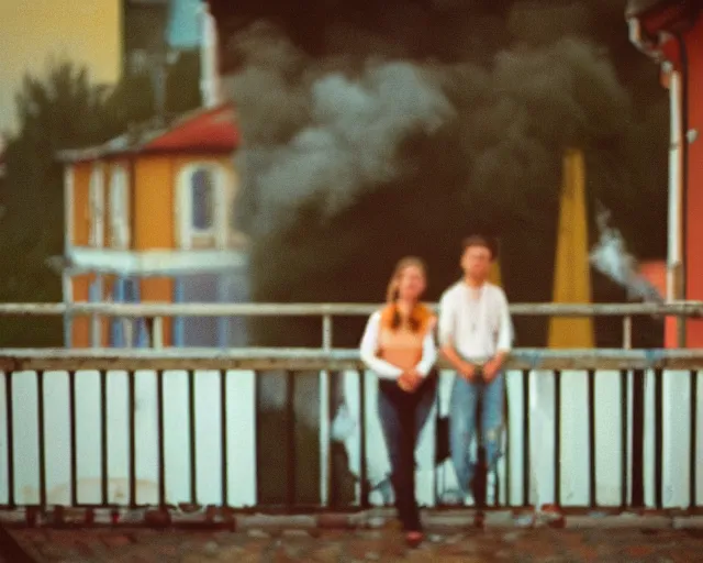 Image similar to lomo photo of pair standing on small hrushevka balcony full with cigarette smoke in small russian town looking at sunset, cinestill, bokeh