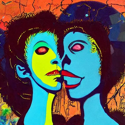 Image similar to beautiful painting of two bizarre psychedelic women kissing each other closeup on an alien planet, speculative evolution, mixed media collage by basquiat and junji ito, magazine collage art, paper collage art, sapphic art, lesbian art