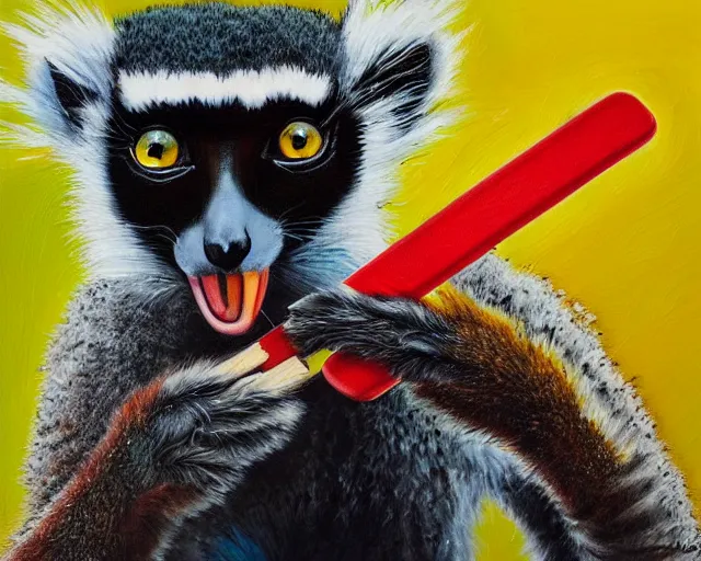 Image similar to a bright happy juxtapoz oil painting of a lemur eating a popsicle