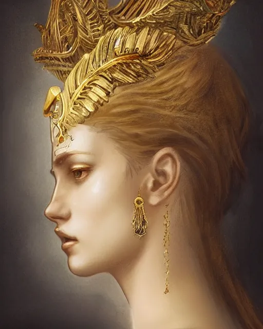 Image similar to front view of beautiful aphrodite greek goddess wearing a gold laurel wreath and triangle earrings, realism tattoo sketch, beautiful piercing eyes with sharp pupils, beautiful blonde hair, in the style of greg rutkowski, fantasy, amazing detail, epic, elegant, smooth, sharp focus