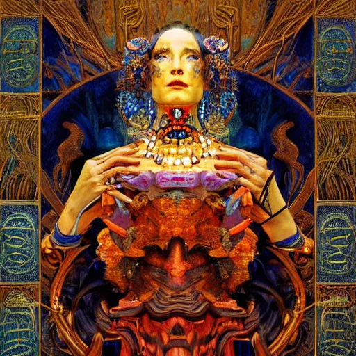 Image similar to baroque portrait of an art deco machine shaman, reflective detailed textures, highly detailed fantasy science fiction painting by annie swynnerton and jean delville and moebius, norman rockwell and maxfield parrish. modern industrial shaman, rich colors, high contrast. artstation