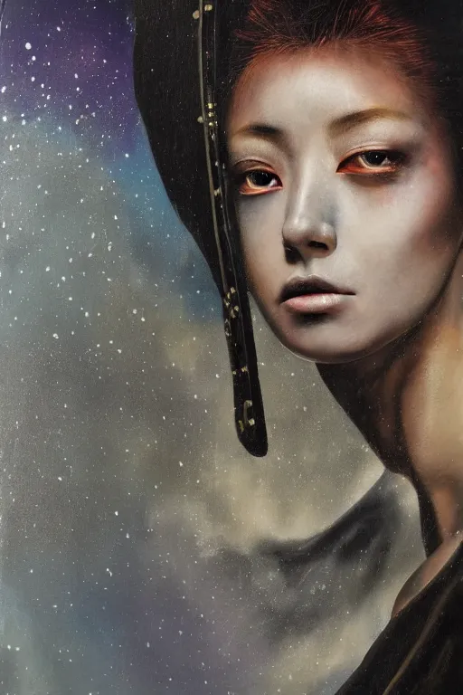 Image similar to hyperrealism oil painting, close - up portrait of medieval fashion model, warrior, steel gradient mixed with nebula sky, in style of baroque mixed with 7 0 s japan book art
