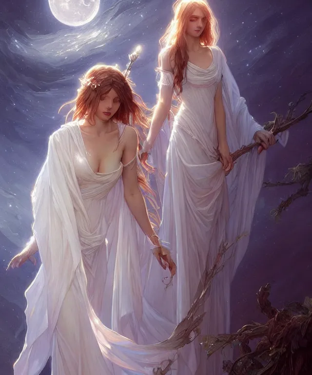 Image similar to Angels in white gauze dresses, the glow of the moonlight, fantasy, intricate, elegant, highly detailed, digital painting, artstation, concept art, matte, sharp focus, illustration, art by Artgerm and Greg Rutkowski and Alphonse Mucha, trending on deviantart, trending on artstation