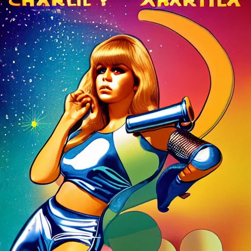 Prompt: charmin'chatty, barbarella cover, scifi pop art, 7 0's, cartoony, 4 k