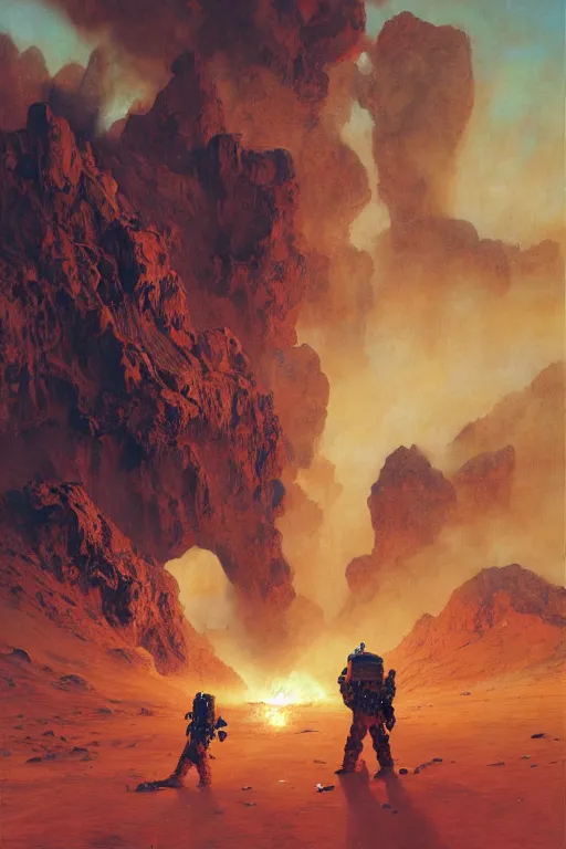 Image similar to a mission to a vulcano on mars, painted by ruan jia, raymond swanland, lawrence alma tadema, zdzislaw beksinski, norman rockwell, jack kirby, tom lovell, alex malveda, greg staples