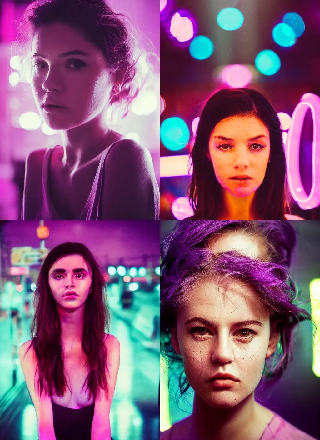 Prompt: A hyper realistic and detailed head portrait photography of a woman. In the background there is a purple neon sign that spells GIRLS. Neo noir style. High quality. Cinematic. Swirly bokeh. Cinestill 800T film. Depth of field. Lens flare.