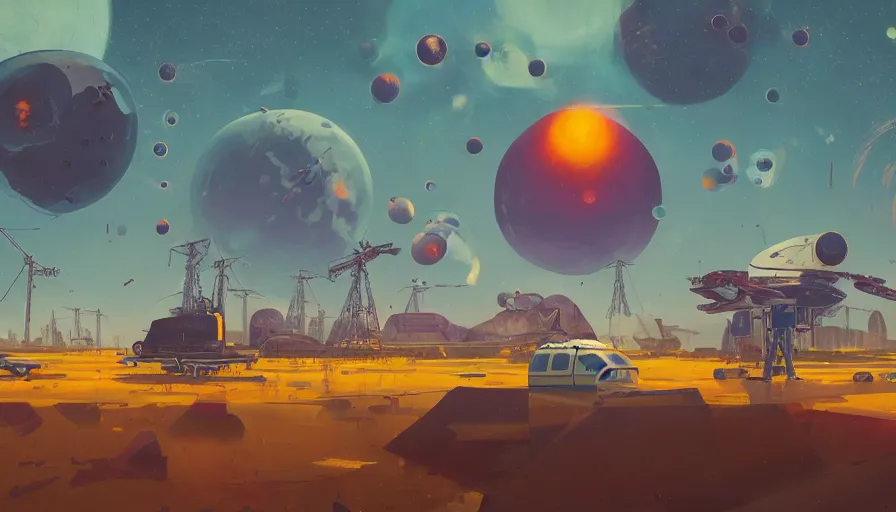 Image similar to hexagons launching from earth to the sun, planet earth in foreground, simon stalenhag