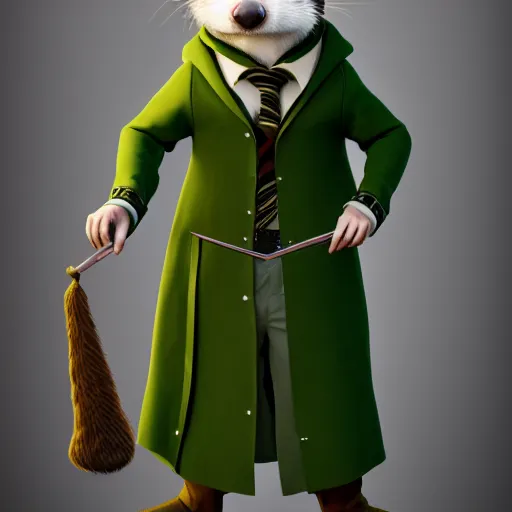 Image similar to a anthropomorphic ferret is dressed as a hogwarts student in slytherin robes, hyperdetailed, artstation, cgsociety, 8 k