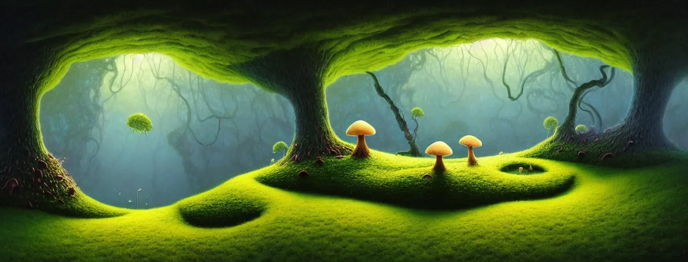 Image similar to gediminas pranckevicius beautiful and stunning professional digital artwork of a glowing mushroom cave, haze, spores floating in the air, vines, water, volumetric lighting, hyperrealistic, rtx on, ultra detail, barlowe wayne, maxfield parrish and marco mazzoni, miniature | no signature!