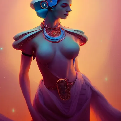 Prompt: beautiful futuristic goddess of jesters wearing a costume head piece and makeup, 8k resolution digital painting, cool cinematic lighting, DeviantArt Artstation, by Jason Felix and Ross Tran and Alessio Albi and Marta Syrko and WLOP