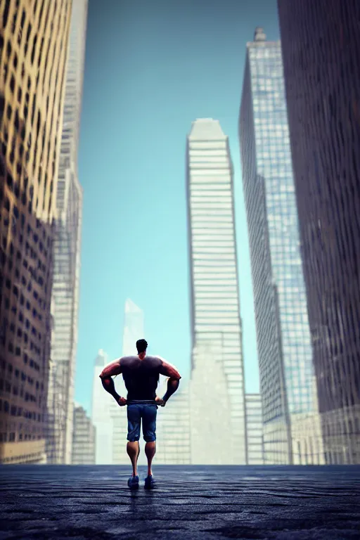 Prompt: strong man larger than skyscrapers walks around the city, ground view, highly detailed, digital art, sharp focus, super realistic, octane render