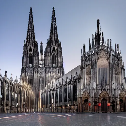 Prompt: the t - 1 0 0 0 made of liquid metal walking next to the cathedral of cologne, germany, volumetric lighting, sharp focus, ultra detailed, cgsociety - w 1 0 2 4 - n 8 - i