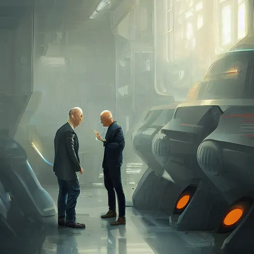 Image similar to illustration of a meeting between elon musk, mark zuckerberg, jeff bezos, very detailled, by artgem, greg rutkowski