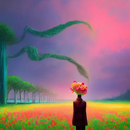 Image similar to giant carnation flower head, girl in suit, surreal photography, sunrise, dramatic light, impressionist painting, digital painting, artstation, simon stalenhag