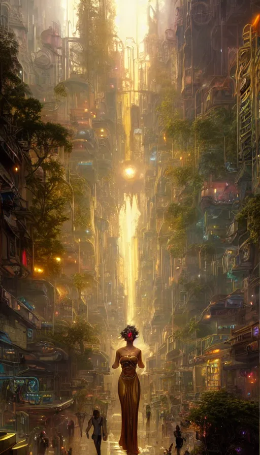 Image similar to golden goddess cutting a hyper realistic cyberpunk city in half with magic, crowded market street overtaken by lush plants, kittens, full moon, light rays, gnarly trees by tom bagshaw, mucha, gaston bussiere, craig mullins, j. c. leyendecker 8 k