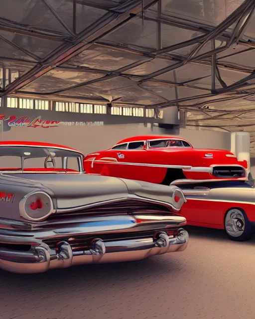 Image similar to indoors of car show pavilion with great cars of 1950s with stages like drive in and gas station, volumetric lighting, 1950s palette, hyper realism, high detail, octane render, high contrast , 8k