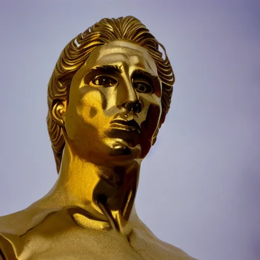 Prompt: photo of gold plated nick cage statue in greece, cinestill, 800t, 35mm, full-HD