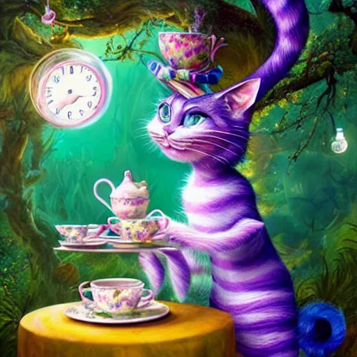 Image similar to the cheshire cat from alice in wonderland having a tea party by anna dittmann, highly detailed, bright tones