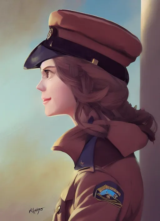 Prompt: portrait of young woman with light brown shoulder length hair and hazel eyes dressed in a sharp dark teal military uniform and beret, smiling, ilya kuvshinov, svetlana tigai, greg rutkowski, anime, digital art, painting