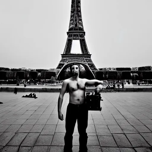 Prompt: shirtless man with big hairy black chest hair and! holding a big film camera in his hand! standing in front of the eiffel tower early in the morning while looking at the camera, photorealistic, 4 k, good composition, detailed, smooth, aesthetic,