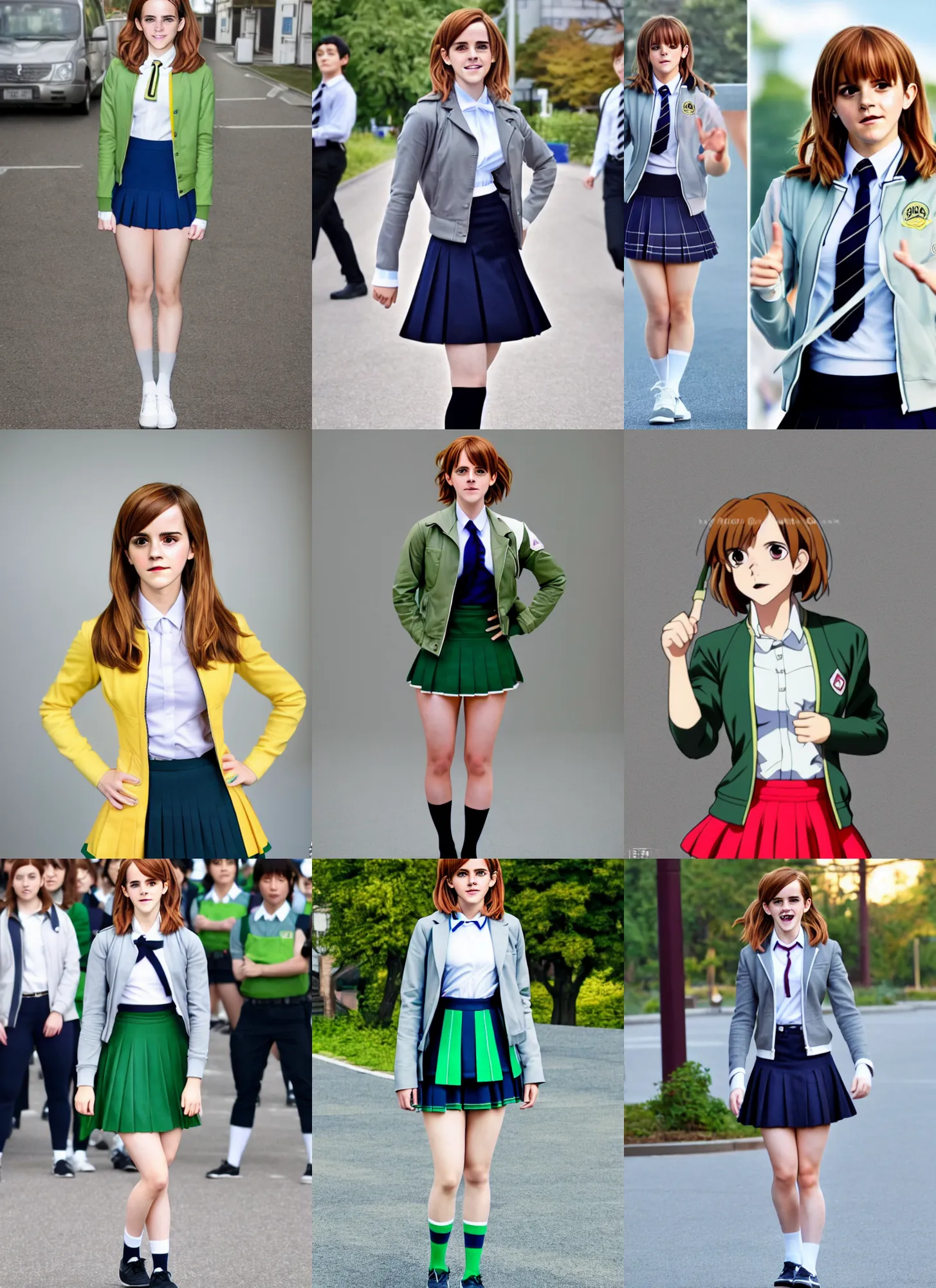 Prompt: attractive Emma Watson cosplaying as Uraraka Ochako!!! in her signature school uniform , photorealistic perfect body , hourglass! slim figure , juicy legs , thighs focus , grey jacket and green skirt , solo photoshoot , DSLR , wallpaper , cosplay , full body , cinematic 4K blu-ray , japanese My Hero Academia live-action movie