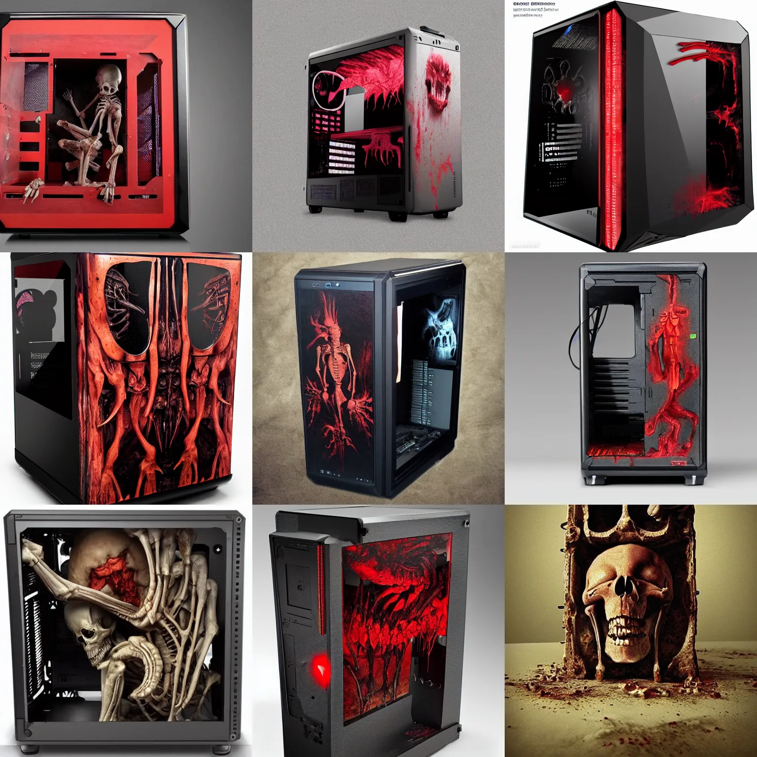 Prompt: gaming pc case made by giger, zdzislaw beksinski, made of flesh!!!!!!!!!!, blood, bone!!!!!!, skeleton, chitin, fat, blob, eating a rat