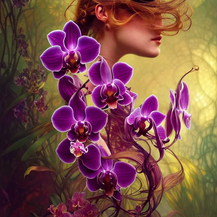 Image similar to psychedelic creature made of orchids, diffuse lighting, fantasy, intricate, elegant, highly detailed, lifelike, photorealistic, digital painting, artstation, illustration, concept art, smooth, sharp focus, art by John Collier and Albert Aublet and Krenz Cushart and Artem Demura and Alphonse Mucha