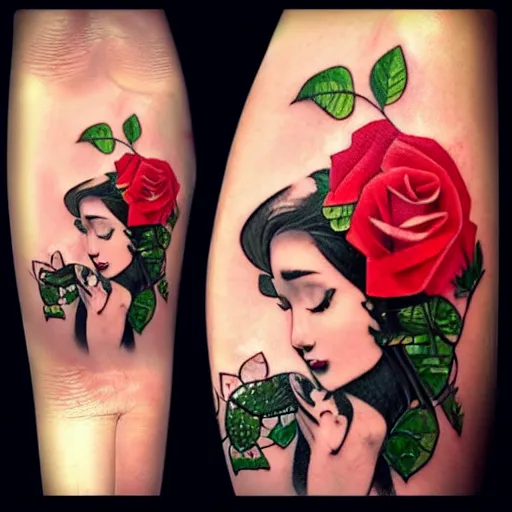 Image similar to tattoo design, stencil, beautiful cleopatra girls face, roses and ivy surrounding by artgerm, artgerm, cat girl, anime