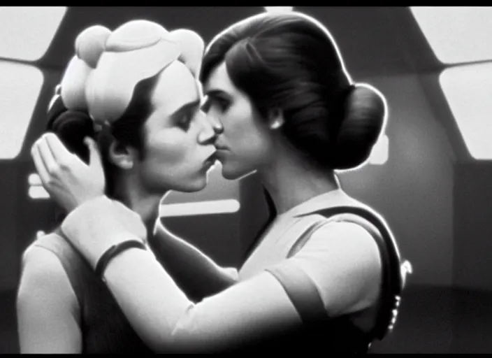 Image similar to screenshot of Han Solo kissing Princess Leia Organa, alone, pensive, iconic scene from 1970s Star Wars film directed by Stanley Kubrick, in a sci fi nursing home architecture, last jedi, 4k HD, cinematic still frame, photoreal, beautiful portraits, moody lighting, stunning cinematography, anamorphic lenses, kodak color film stock