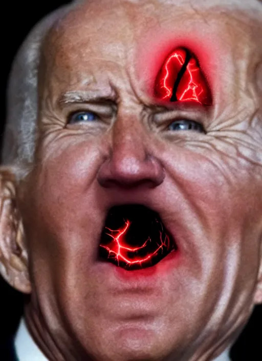Image similar to hyper realistic ultra realistic cenobite photo furious glowing red eyes biden, high quality photo, detailed , 8k