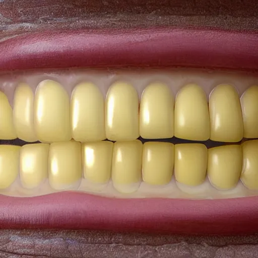 Image similar to a buck tooth smile close-up, each tooth is a miniaturized cob of corn, yellow corn teeth, smiler