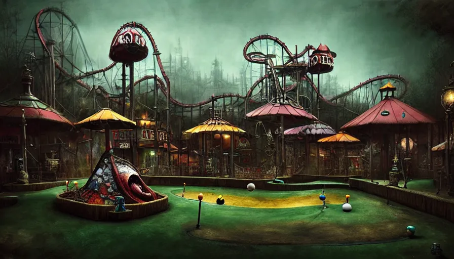 Prompt: michal karcz grunge painting of an amusement park, monster and horror theme. Monster-themed Minigolf and whack-a-mole monster theme, detailed, elegant, intricate, 4k,