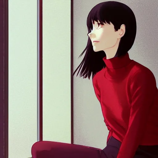 Image similar to a beautiful girl with dark hair, wearing a red turtleneck sweater, sitting in an apartment alone, looking out window at the city, night time, intricate, highly detailed, artstation, official media, anime key visual, mood lighting, sharp focus, art by Makoto Shinkai, Ilya Kuvshinov, Lois Van Baarle, and Rossdraws