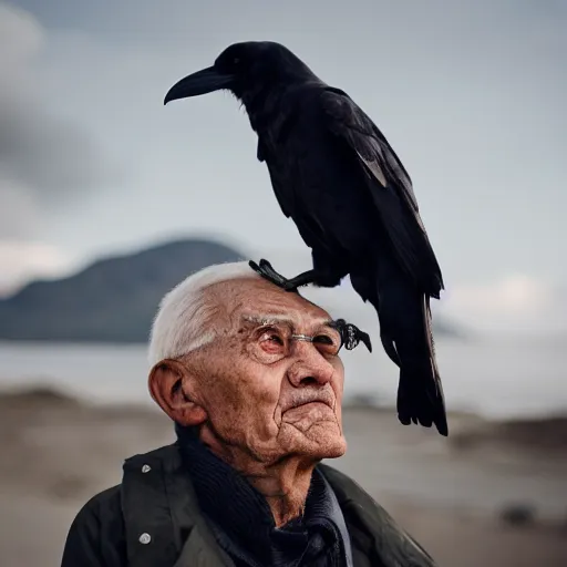 Prompt: an elderly man holding a raven, canon eos r 3, f / 1. 4, iso 2 0 0, 1 / 1 6 0 s, 8 k, raw, unedited, symmetrical balance, in - frame