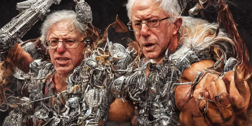 Image similar to hyperrealistic mixed media painting of Bernie Sanders as Zulu Warrior, stunning 3d render inspired art by P. Craig Russell and Barry Windsor-Smith, 8k octane beautifully detailed render, post-processing, extremely hyperdetailed, intricate, epic composition, grim yet sparkling atmosphere, cinematic lighting + masterpiece, trending on artstation, very detailed, masterpiece, stunning