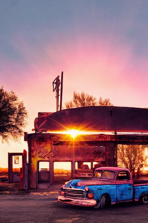 Image similar to a sunset light landscape with historical route 6 6, lots of sparkling details and sun ray ’ s, blinding backlight, smoke, volumetric lighting, colorful, octane, 3 5 mm, abandoned gas station, old rusty pickup - truck, beautiful epic colored reflections, very colorful heavenly, softlight