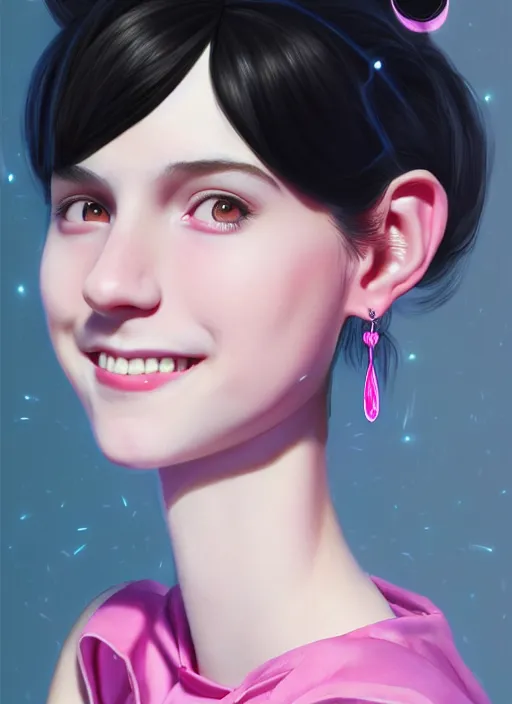 Image similar to portrait of high school girl, realistic, black hair, bangs, half updo hairstyle, pointy nose, skinny, smile, ugly, defined jawline, big chin, pink hair bow, earrings, intricate, elegant, glowing lights, highly detailed, digital painting, artstation, sharp focus, illustration, art by wlop, mars ravelo and greg rutkowski